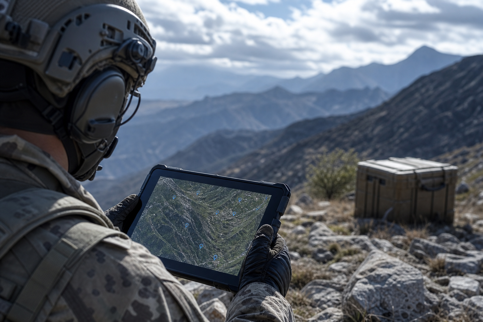 Operator tracking airdropped assets on a rugged terrain map